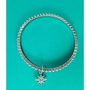 Rhinestone Bangle Bracelet Bezel Silver Tone Star Dangle Charm Blink Statement